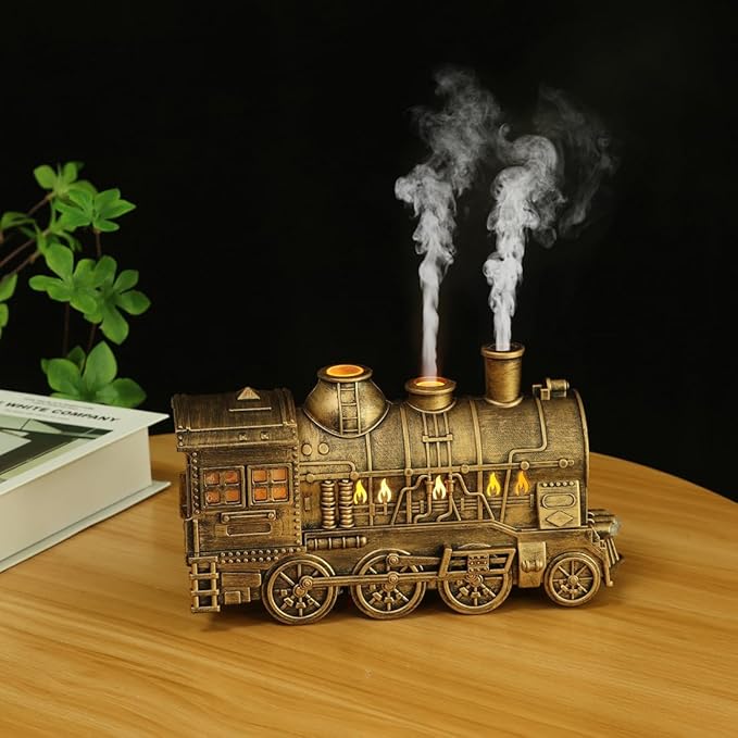300ml Steam Train Essential Oil Diffuser, Retro Cool Mist Aroma Humidifier with 2 LED Light & 2 Mist Modes Auto Shut-Off, Quiet Aromatherapy Diffuser for Home, Bedroom & Gift Ideas