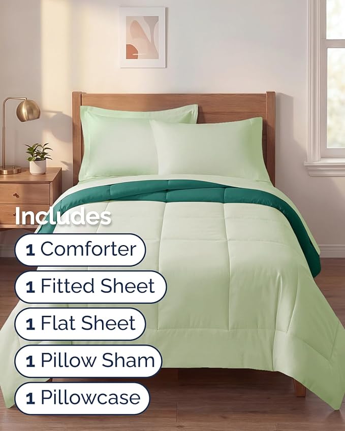 Twin XL Comforter Set - 5 Piece Bed in a Bag Twin XL Size Bed Set - Down Alternative Comforter, Flat Sheet, Fitted Sheet, Pillowcase & Sham for All Seasons - Soft and Breathable - Light Sage/Emerald