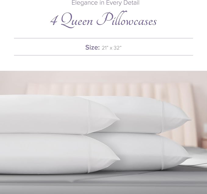 Carressa Linen 100% Egyptian Cotton Pillow Cases Queen Size Set of 4 - Luxury 600 Series Hydrangeas Collection Queen Size Pillowcases (White), Cooling Sateen Weave Hotel Quality Bed Pillow Cover