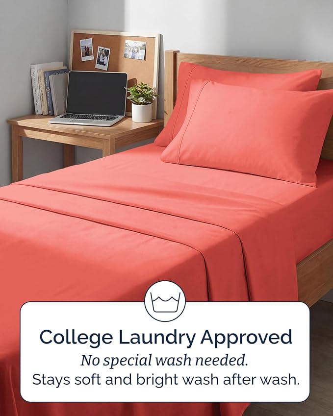 Extra Deep Twin XL Sheet Set - 4 Piece Breathable and Cooling Sheets - Hotel Luxury Bedding for Women, Men, Kids & Teens - Easy & Secure Fit - Soft, Wrinkle Free and Comfy - Extra Deep Pockets - Coral