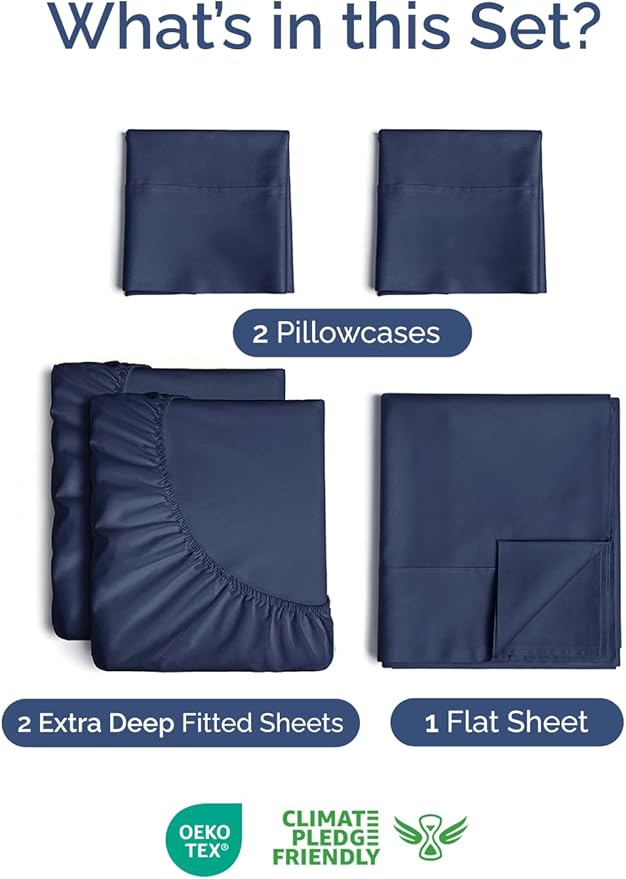 Extra Deep Split King Sheet Set - 5 Piece Breathable & Cooling Bed Sheets - Easily Fits 18 - 24 inch Mattress - Ultra Soft, Wrinkle & Fade Free w/ Extra Deep Pockets - Hotel Luxury Bedding - Navy Blue