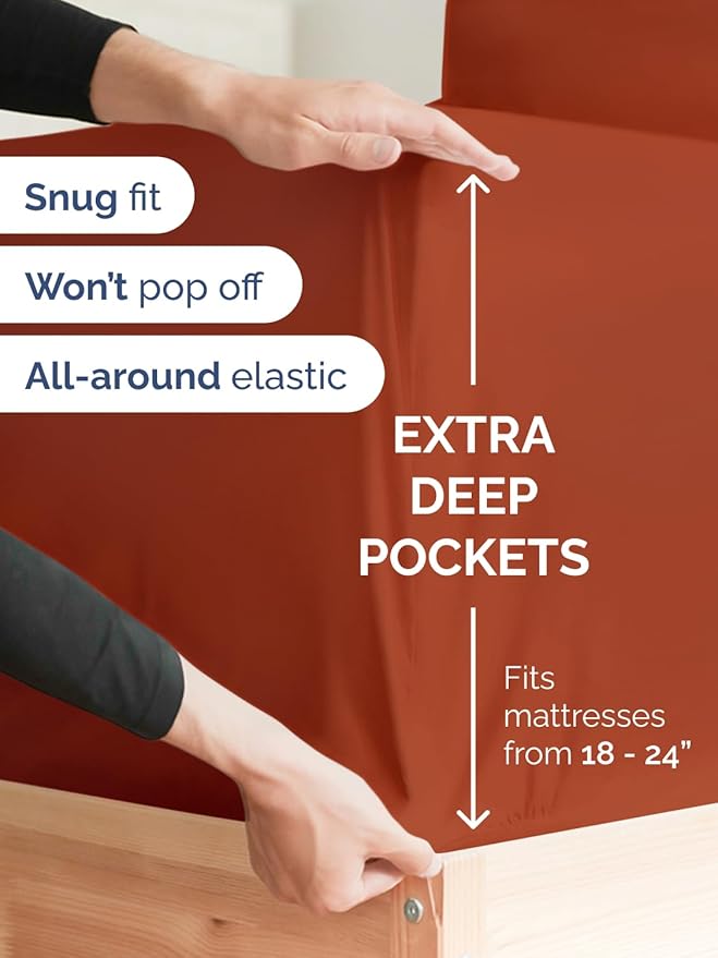 Extra Deep Queen Sheet Set - 4 Piece Breathable & Cooling Bed Sheets - Easily Fits 18 to 24 inch Mattress - Ultra Soft, Wrinkle & Fade Free w/ Extra Deep Pockets - Hotel Luxury Bedding - Terracotta