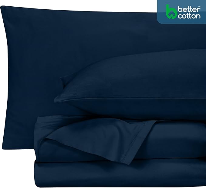 ROYALE LINENS 400 Thread Count 100% American Grown Cotton 4 Piece Sateen King Sheet Set - 1 Fitted Sheet, 1 Flat Sheet, 2 Pillow case - Navy King Bedsheet - Cotton Sheets - (King, Rivera Navy)