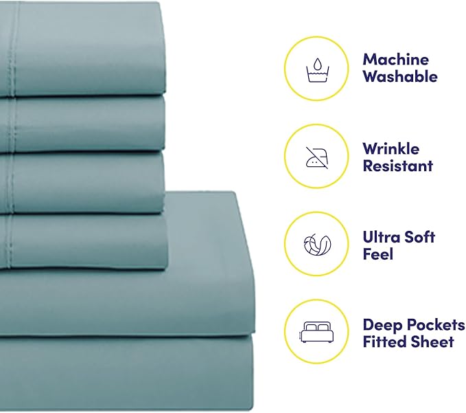 Sweet Home Collection 7 Piece Comforter Set Bag Solid Color All Season Soft Down Alternative Blanket & Luxurious Microfiber Bed Sheets, Misty Blue, Full
