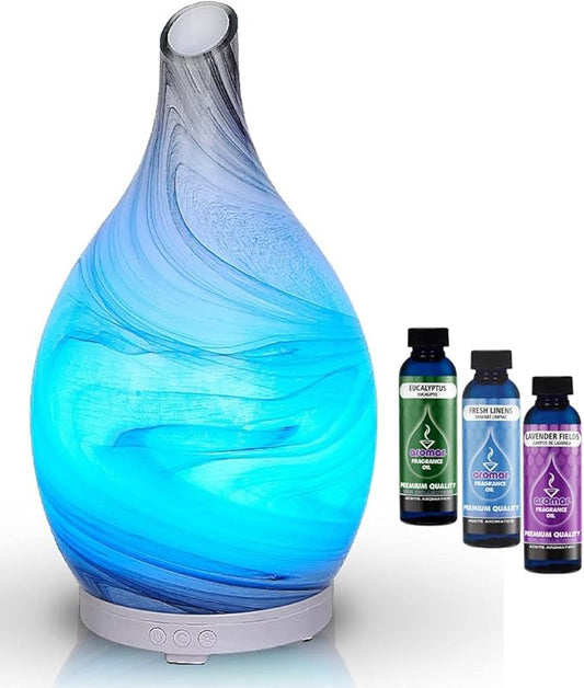 AROMAR Ultrasonic Oil Diffuser, Cool Mist Humidifier with top 3 Aromatic Oils for Aromatherapy Essential Oils, Novelty Design, 360 Degree Rotating Glass Decanter, 7 LED Colors, & auto Shut-Off 100ml.