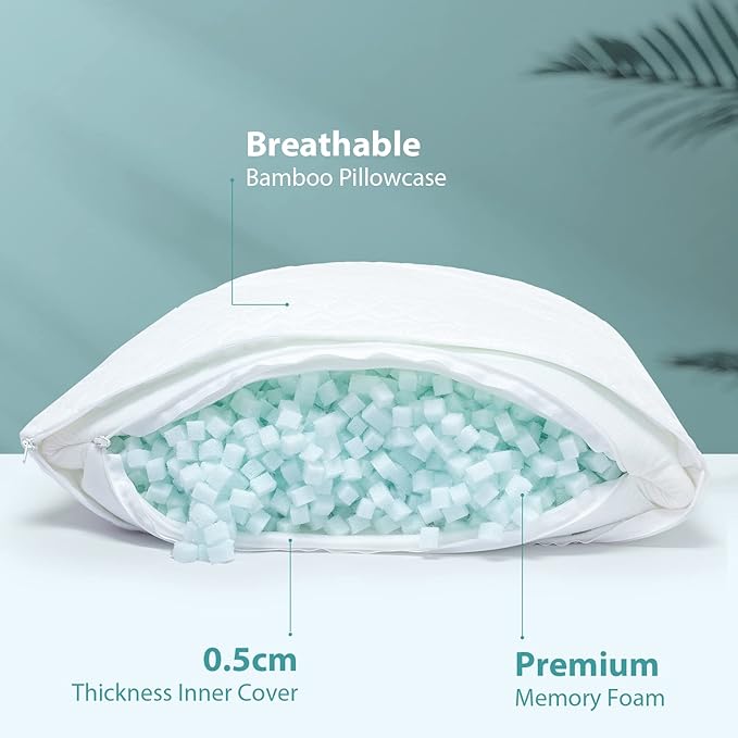 Rainmr Memory Foam Pillows Queen Size Set of 2 - Adjustable Bed Pillows for Side Back Stomach Sleepers - with Washable Cooling Pillowcase (White, Queen 2-Pack)