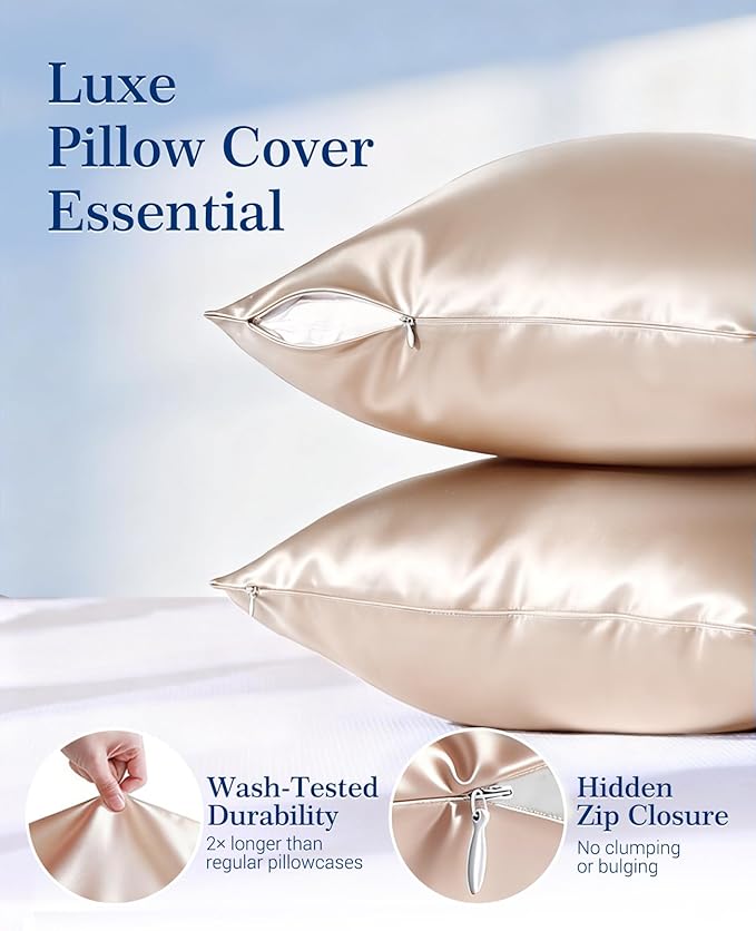 Elegear Cooling Pillow Cases Set of 2 for Hot Sleepers, Softer Than Silk Pillow Cases for Hair & Skin,Upgraded Arc-Chill Cooling Satin Pillowcases Q-max>0.5, Luxury Zipper Pillowcase-Queen,Champagne