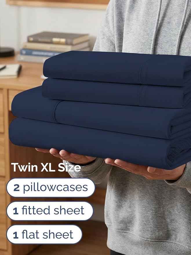 Extra Deep Twin XL Sheet Set - 4 Piece Breathable and Cooling Sheets - Hotel Luxury Bedding for Women, Men, Kids & Teens - Easy & Secure Fit - Soft and Wrinkle Free - Extra Deep Pockets - Navy Blue