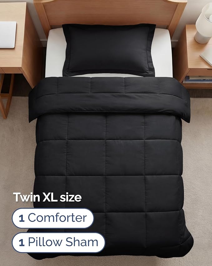 Twin XL Comforter Set - 2 Piece Bed Set for All Seasons - 1 Soft Quilted Comforter with Corner Tabs & 1 Pillow Sham - Comfy & Breathable - Premium Down Duvet Insert - Oeko-TEX - Twin XL Size, Black