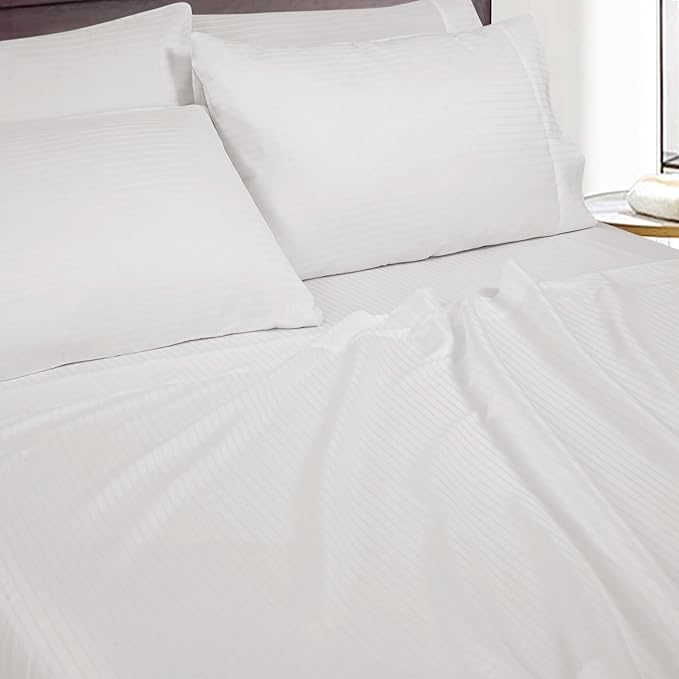 ROYALE LINENS 300 Thread Count Poly Cotton Sheet Set - 6 Piece California King Bed Sheets - 1 Fitted, 1 Flat, 4 Pillow Cases -Soft Cool & Crisp Sheet Set (Cal King, Bright White)