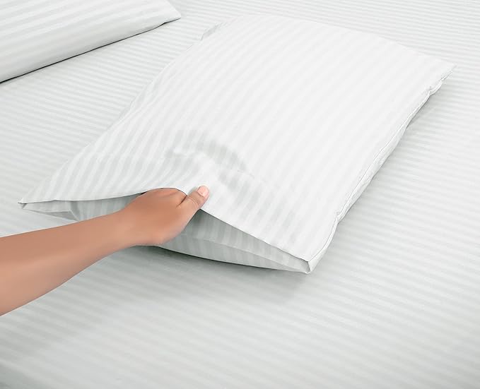 ROYALE LINENS 3 Piece Twin XL Sheets Set - Soft Brushed 1800 Microfiber - 1 Fitted, 1 Flat Sheet, 1 Pillow case - Wrinkle Free & Fade Resistant - Hotel Luxury Bed Sheets (Stripe White, Twin XL)
