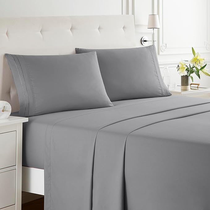Clara Clark Bed Sheets, Premier 1800 Series Bed Sheet Set, Deep Pocket, Wrinkle, Fade, Stain Resistant, Luxury Soft Bedding Sheets & Pillowcases, Full, Frost Grey