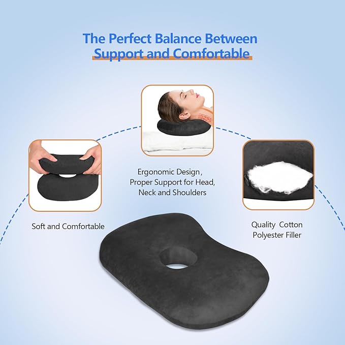 Ear Piercing Hole Pillows Side Sleeper Pillow with an Ear Hole for CNH Side Sleepers and Ear Inflammation Pressure Sores, Adjustable Cotton and Polyester Curved Side Pillow, Black