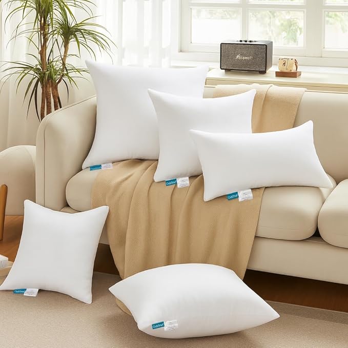 Oubonun 16 x 16 Throw Pillow Inserts - Soft, Plush & Decorative Down Alternative Pillows for Couch Sofa Bed, Machine Washable - White, Pack of 2