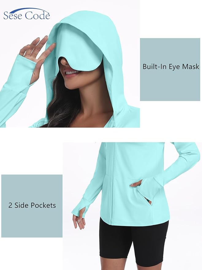 SeSe Code UPF 50+ Hoodie With Eye Mask Womens Zip Up Travel Jackets Sleep Sun Protection Shirts Pockets Outdoor Nap