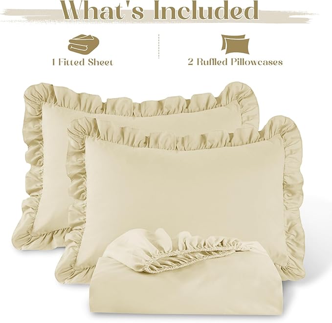 Homiest 3-Pieces Ruffle Pillow Case & Fitted Sheet Set, Cream Full Sheets with 2 Ruffled Pillow Shams, 15 Inch Deep Pocket, Cute & Coquette Microfiber Bed Set for Decorating Bedroom Hotel