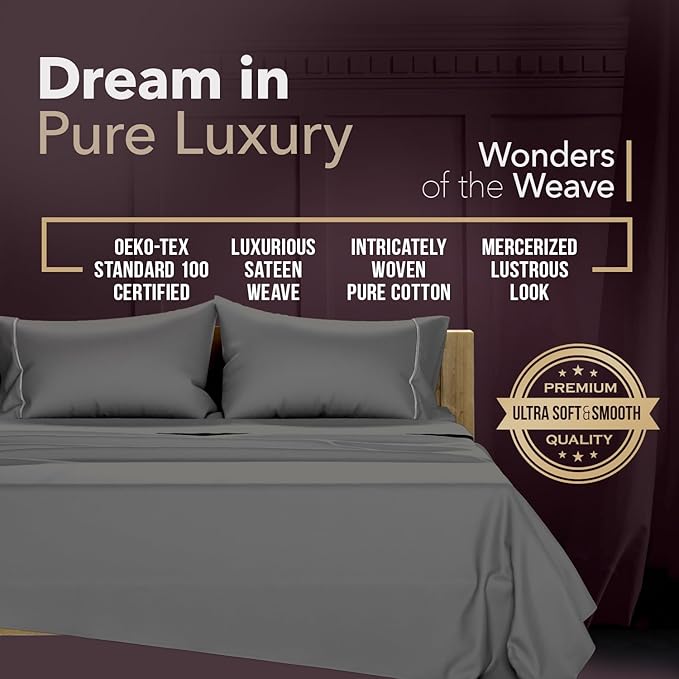 TEXAS LINEN CO. 100% Egyptian Cotton Sheets California King Size - Snoozin' Supreme Collection 2000 Series Luxury Cal King Sheet Set, Sateen, 17” Extra Deep Pocket Hotel Sheets (4 Pc, Dark Grey)