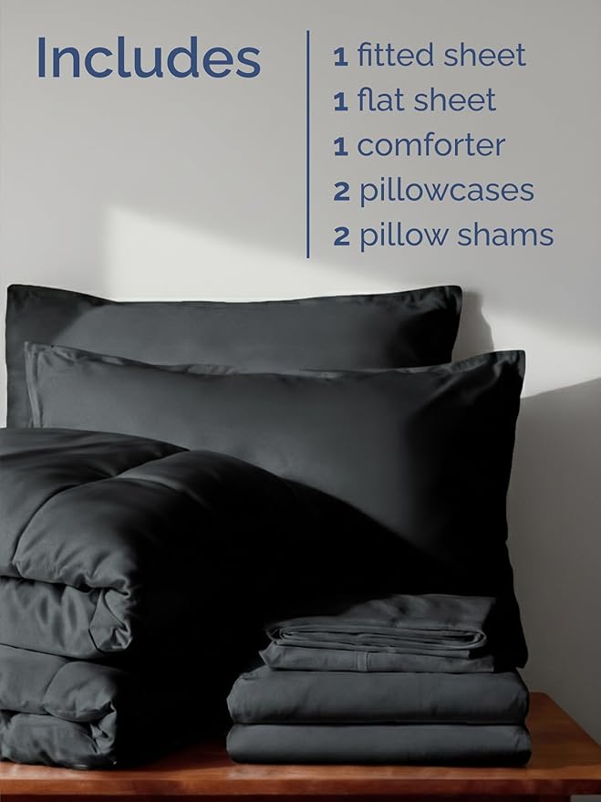 Full Comforter Set - 7 Piece Bed in a Bag Full Size Bed Set - Down Alternative Comforter, Flat Sheet, Fitted Sheet, Pillowcase & Shams for All Seasons - Ultra Soft, Cozy, Comfy and Breathable - Black