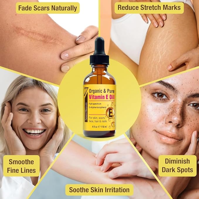 Seven Minerals Ultra Pure Vitamin E Oil - Full-Spectrum D-Alpha Tocopherol per 4 Oz Bottle - 100% Organic Vitamin E Oil for Skin, Face, Hair and Scars - Naturally Occurring=Not Synthetic.