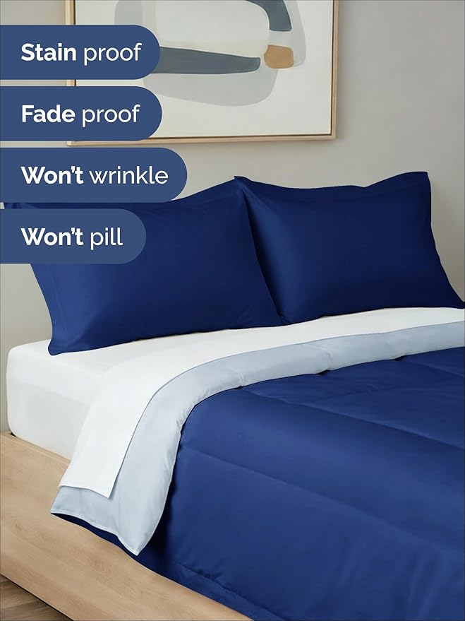 Full Comforter Set - 3 Piece Bed Set for All Seasons - 1 Soft Quilted Comforter w/ Corner Tabs & 2 Pillow Shams - Comfy, Cozy & Breathable - Premium Down Duvet Insert - Full Size, Navy Blue/Sky Blue