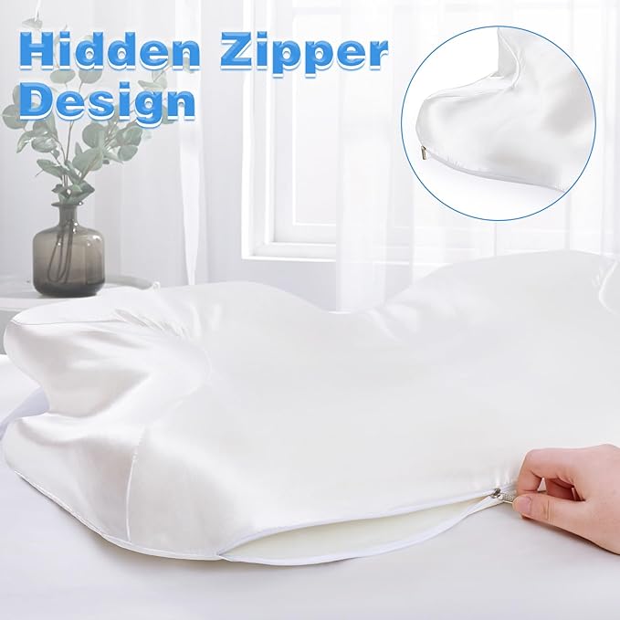 Satin Pillowcase for Cervical Pillow, White Silky Cervical Pillow Case Contour Pillow Case Cover with Zipper, Smooth Ergonomic Pillowcase for Neck Pillow Cover