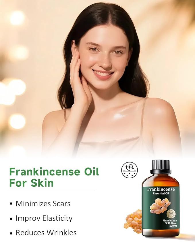 Frankincense Essential Oil, Mumianhua Pure Frankincense Oil, Steam-Distilled for Meditation Focus, Skin, Grounding Aroma for Diffuser, DIY Serum & Candle Making, 3.38 Fl Oz