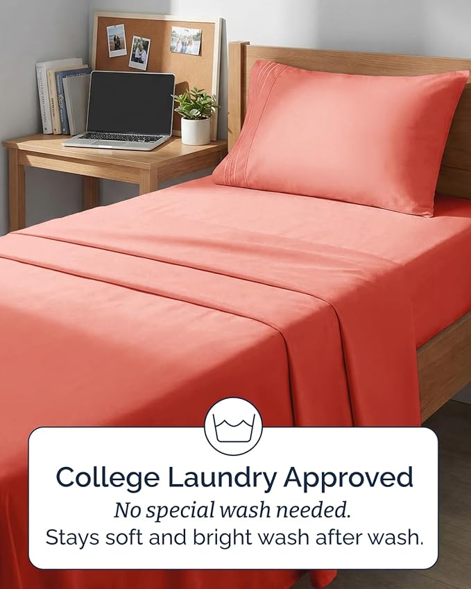 Twin XL 4 Piece Sheet Set - Comfy, Breathable & Cooling - Hotel Luxury Bedding for Women, Men, Kids, Teens and Children - 1 Flat & 1 Fitted Sheet & 2 Pillowcases w/ Deep Pockets - Wrinkle Free - Coral