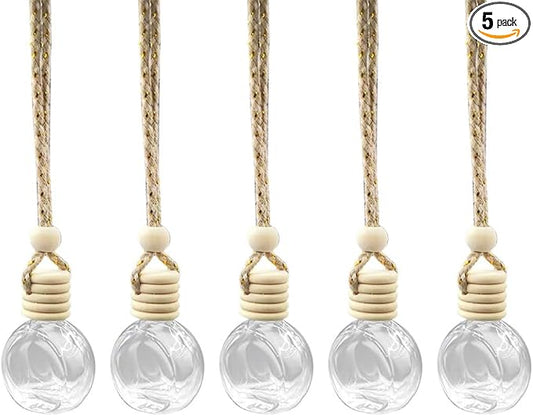 5PCS Hanging Car Rear View Mirror Charm - 8ml Empty Glass Bottle Pendant Automobile Interior Decoration for Rearview Mirror Ornament (Flat Round)