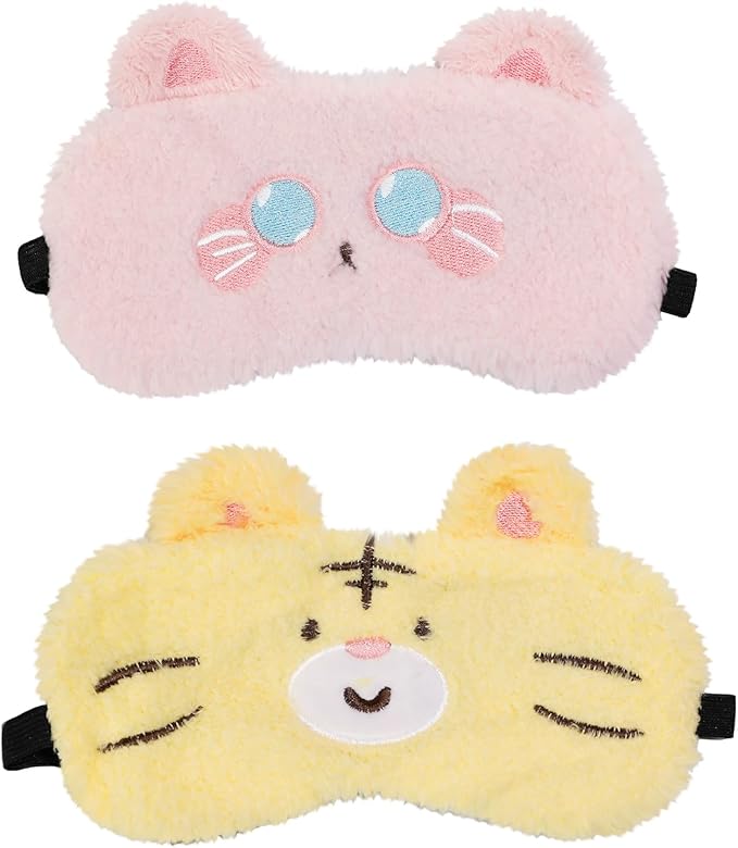 PERFECTSIGHT Sleep Eye Masks, Cute Sleep Eye Cover Lightweight Adjustable Eyeshade Mask Cover for Women Men Sleep Travel Nap, Yellow Tiger+Pink Kitty