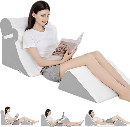 4PCS Orthopedic Bed Wedge Pillow Set for Post Surgery & Pain Relief,Adjustable Wedge Pillow for Back,Sitting up in Bed,Recovery,Acid Reflux,Snoring,Body Pillow for Sleeping (White/Light Grey)