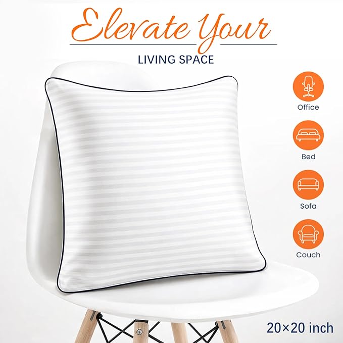 Yettbea 20x20 Inches Pillow Inserts Set of 2- Premium Soft Down Alternative Fill, Decorative Throw Pillows for Couch, Bed & Sofa, Supportive White Striped Bedroom Pillow Forms