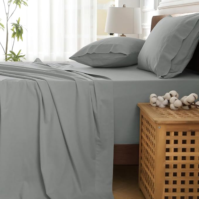 HYPREST Extra Deep Pocket Cal King Sheet Sets Fits 18"-24" in Deep Mattress -100% Cotton California King Sheet Set, Light Grey Sheets Soft Sheet Sets Breahtable No Slipping