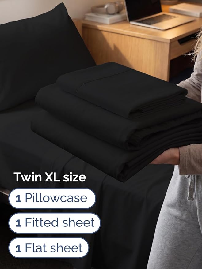Extra Deep Twin XL Sheet Set - 3 Piece Breathable & Cooling Bed Sheets - Easily Fits 18 to 24 inch Mattress - Ultra Soft, Wrinkle & Fade Free w/ Extra Deep Pockets - Comfy Hotel Luxury Bedding - Black