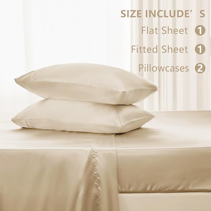 CozyLux Satin Sheets King Size Sheet Set - 4 Piece Silky King Sheets, Luxury Champagne King Bed Set with Smooth and Soft Microfiber, Includes 1 Fitted Sheet, 1 Flat Sheet and 2 Pillowcases