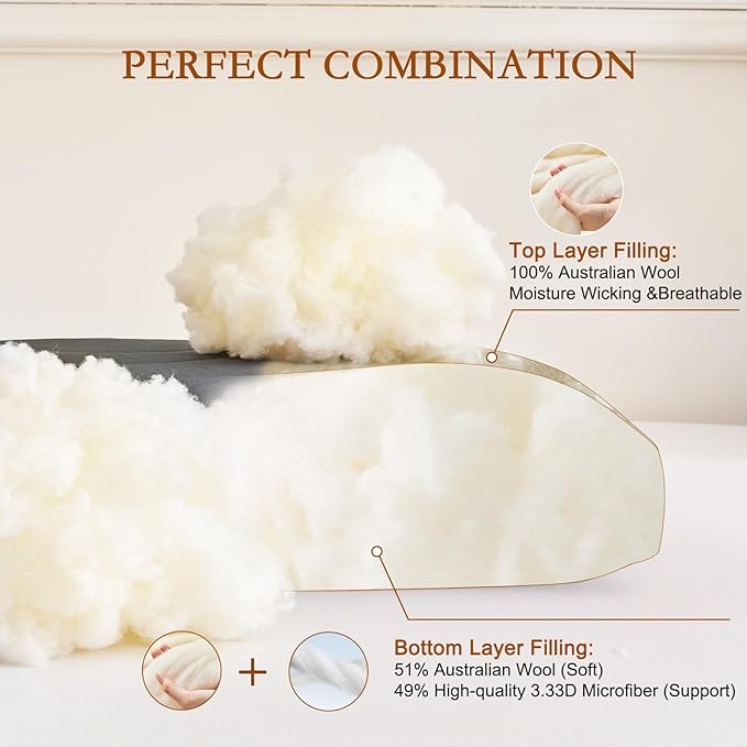 YOUR MOON Natural Soft Wool Pillow Standard Size, Support Soft Bed Pillows for Sleeping, Premium Australian Wool Filling with 100% Cotton Cover, Down Alternative Pillows (Gray)