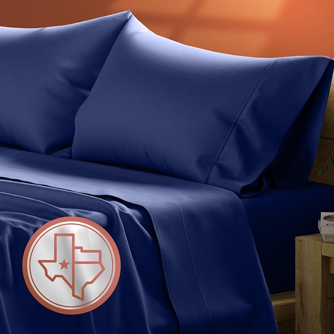 TEXAS LINEN CO. 100% Egyptian Cotton Sheets - Texan Talkin' Collection 600 Series 4 PC California King Size Sheet Set, Cooling, Extra Long Staple Sateen Luxury Bedding, Cal King Sheets - Navy Blue