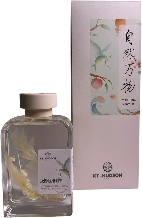 Luxury Reed Diffuser 6.8 fl (200ml) – Jasmine After Rain – Long-Lasting Scent with Dried Flowers | Elegant Gift for Home, Office, Bedroom | KT-Hudson Home Aroma Decor