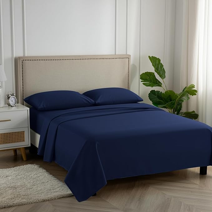 Carressa Linen 100% Egyptian Cotton Split King Sheets Sets for Adjustable Bed - 600 Series Hydrangeas Collection 5 PC Navy Blue Top Split King Sheets, 16" Deep Pocket Sheet for Adjustable Bed