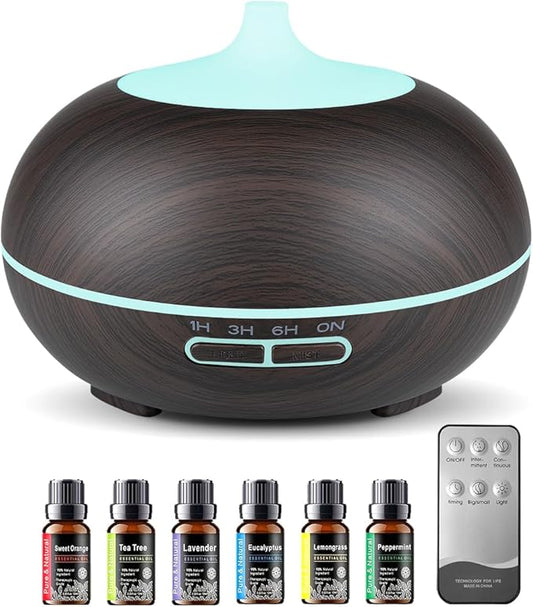 550ml Large Capacity Essential Oil Diffuser with 6 Essential Oil Set, Aromatherapy Ultrasonic Air Humidifier with Timer Setting, 7 Color LED Night Light and Waterless Auto-Off Functions for Home, Spa