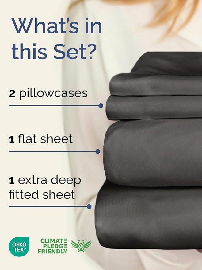 Extra Deep Queen Sheet Set - 4 Piece Breathable & Cooling Bed Sheets - Easily Fits 18 to 24 inch Mattress - Ultra Soft, Wrinkle & Fade Free with Extra Deep Pockets - Hotel Luxury Bedding - Charcoal