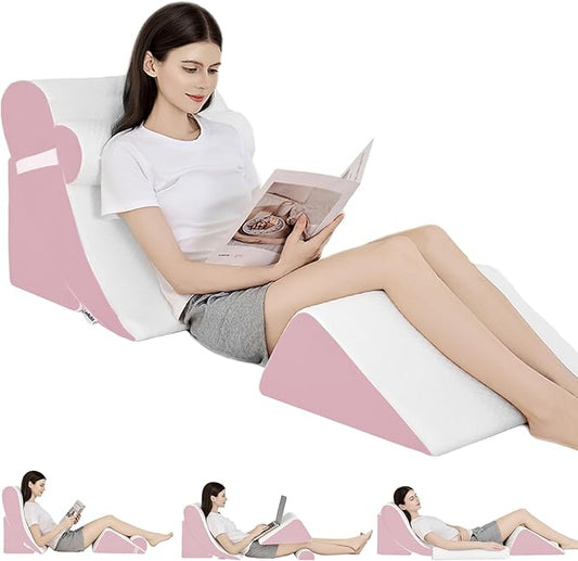 4PCS Orthopedic Bed Wedge Pillow Set for Post Surgery & Pain Relief, Adjustable Wedge Pillow for Back, Acid Reflux,Sitting up in Bed,Recovery, Snoring, Body Pillow for Sleeping (White/Pink)