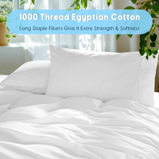 SONORO KATE 100% Egyptian Cotton Sheets Set - 1000 High Thread Count, Luxury 5-Star Hotel Sateen Bed Sheets, Soft, Breathable Long Staple Sheets, Fit up to 16" - 4 PC (White,Full)