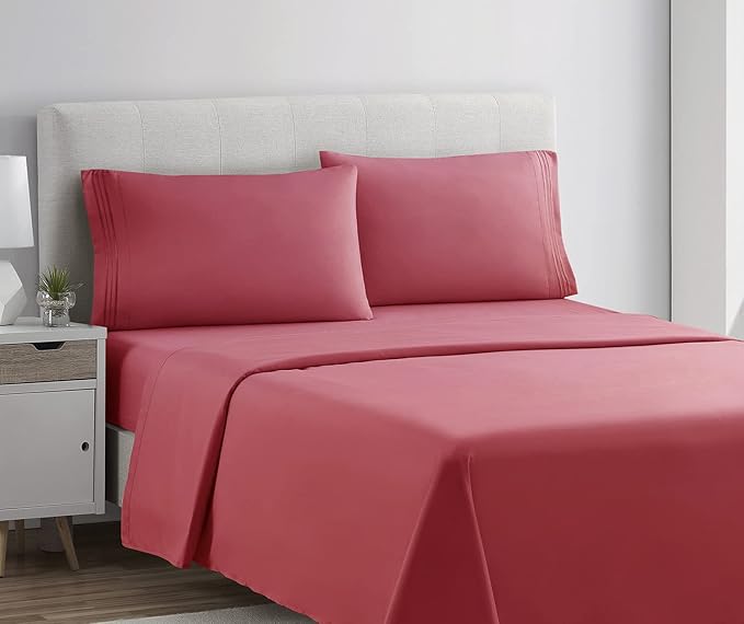 Clara Clark Bed Sheets, Premier 1800 Series 4 Piece Bed Sheet Set, Deep Pocket, Wrinkle, Fade, Stain Resistant, Luxury Soft Bedding Sheets & Pillowcases, Full, Coral Pink