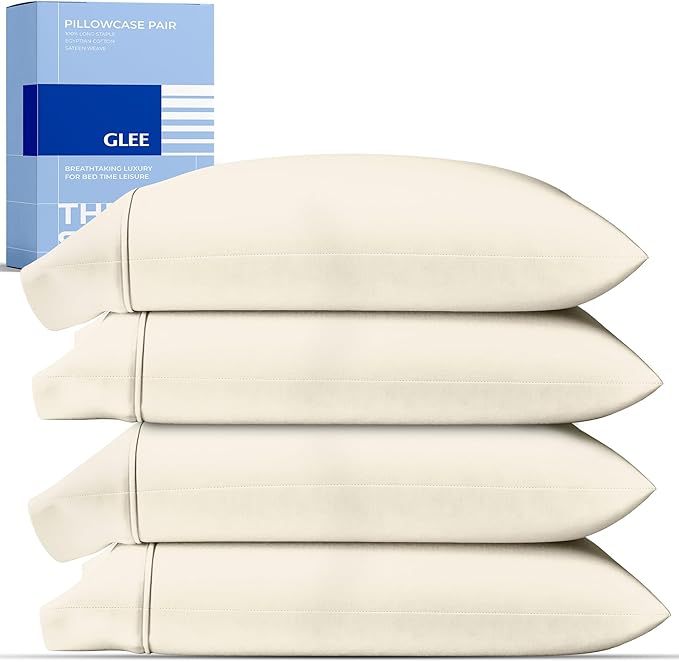 Thread Spread 100% Cotton Pillow Cases Queen Size Set of 4 - Luxury 400 Series Glee Collection Queen Pillow Cases (Pack of 2, Ivory), Cooling Breathable Hotel Cotton Pillowcases, Fits Standard Pillows