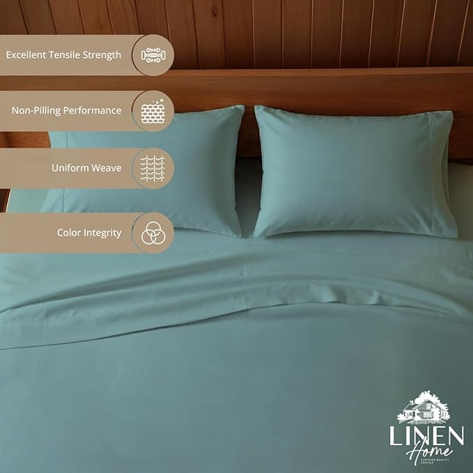 Linen Home 100% Cotton Percale Sheets Full Size, Aqua Blue, Deep Pocket, 4 Pieces Set - 1 Flat, 1 Deep Pocket Fitted Sheet and 2 Pillowcases, Crisp Cool and Strong Bed Linen