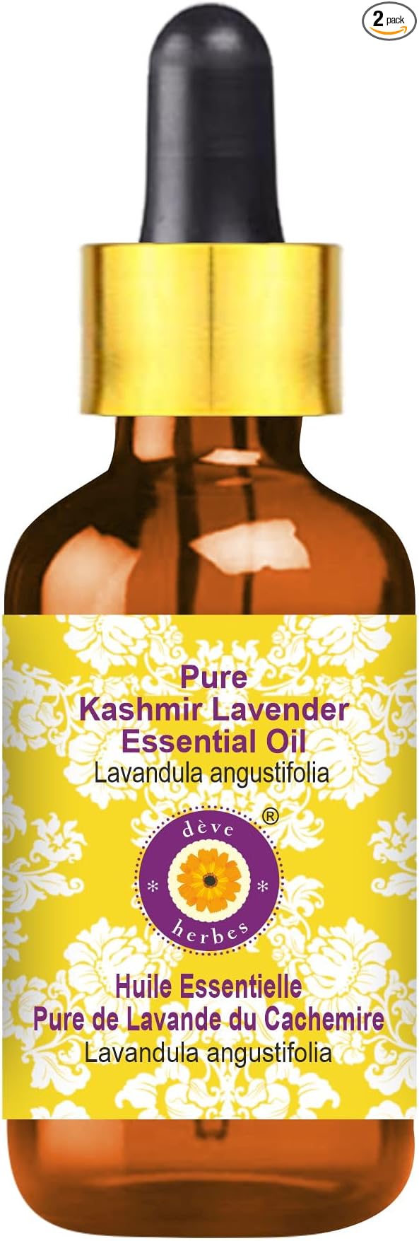 Deve Herbes Pure Kashmir Lavender Essential Oil (Lavandula angustifolia) with Glass Dropper Steam Distilled 15ml (0.50 oz)