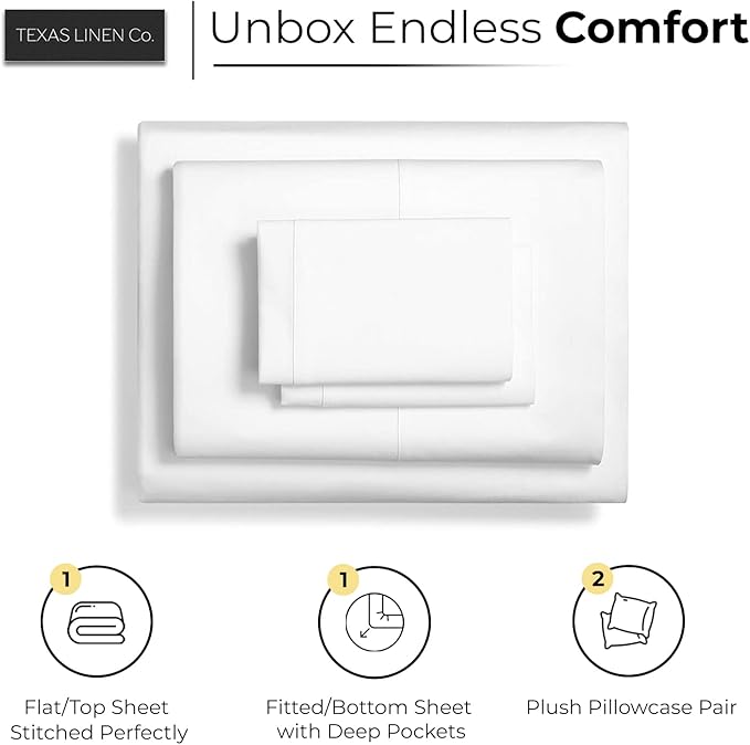 TEXAS LINEN CO. 100% Egyptian Cotton Sheets - Texan Talkin' Collection 600 Series 3 PC Twin XL Sheet Set (White), Soft, Cooling, Sateen Weave, Extra Long Staple Luxury Bedding, 16" Deep Pocket
