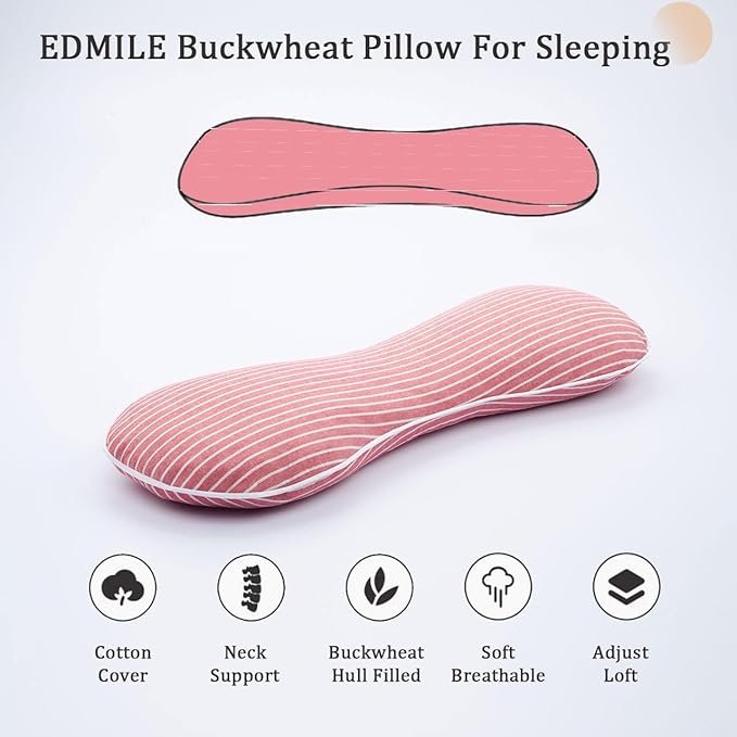 Buckwheat Pillow Cervical Neck Pillow, Buckwheat Hulls Filling Cooling Lumbar Support Pillow, Adjustable Firmness Ergonomic Design with Washable Cover, Red 19"X7"
