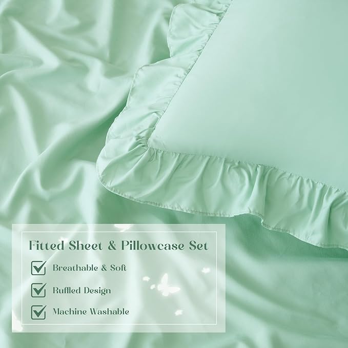 Homiest 3-Pieces Ruffle Pillow Case & Fitted Sheet Set, Sage Green King Sheets with 2 Ruffled Pillow Shams, 15 Inch Deep Pocket, Cute & Coquette Microfiber Bed Set for Decorating Bedroom Hotel