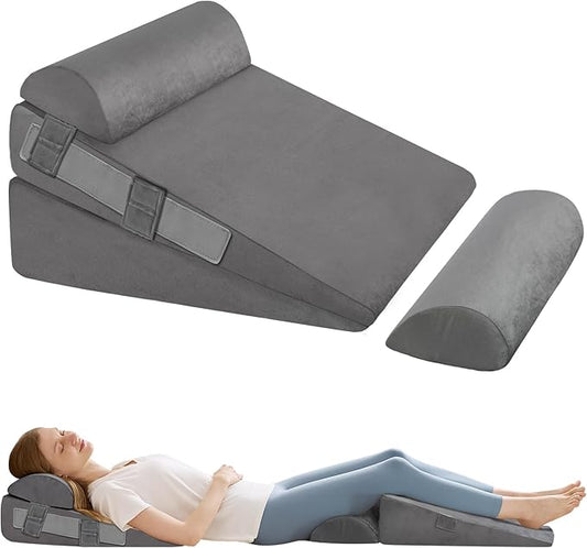 4Pcs Wedge Pillow Set for After Surgery,Acid Reflux Relief, Adjustable Bed Wedge Pillows for Sleeping,Anti Snore, Memory Foam Triangle Pillow for Back&Neck&Shoulder Pain Relief, Plush Grey